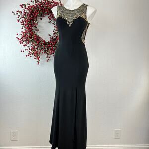 Besty & Adam Elegant Black Evening Gown with Gold Embellishment